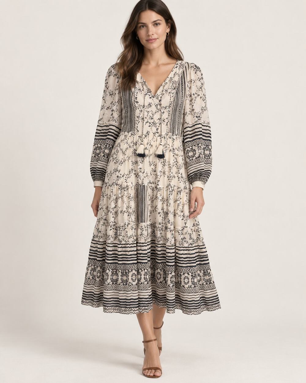 By Anthropologie Ivory Navy Floral Tassel Midi Dress Size Medium